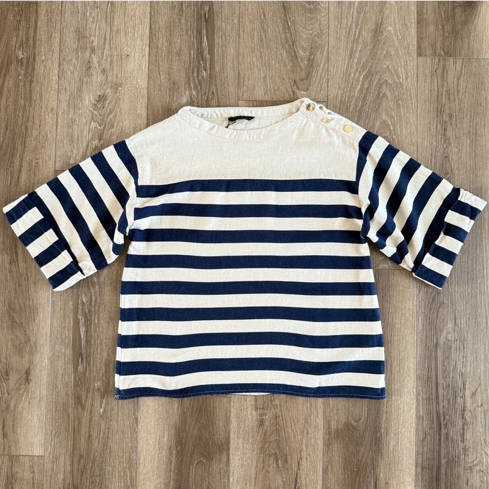 Zara Linen Blend Striped Boat Neck Top Navy Cream Gold Button Shoulder XS